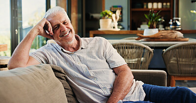 Buy stock photo Portrait, senior man and relax at house with smile, peace and calm morning on couch. Confident, elderly person and comfortable on sofa, weekend break and rest with happiness in lounge for retirement