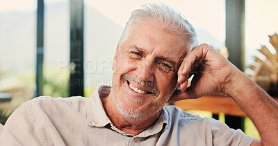 Buy stock photo Portrait, senior man and smile at house with pride, peace and calm morning on couch. Confident, elderly person and comfortable on sofa, weekend break and rest with happiness in lounge for retirement