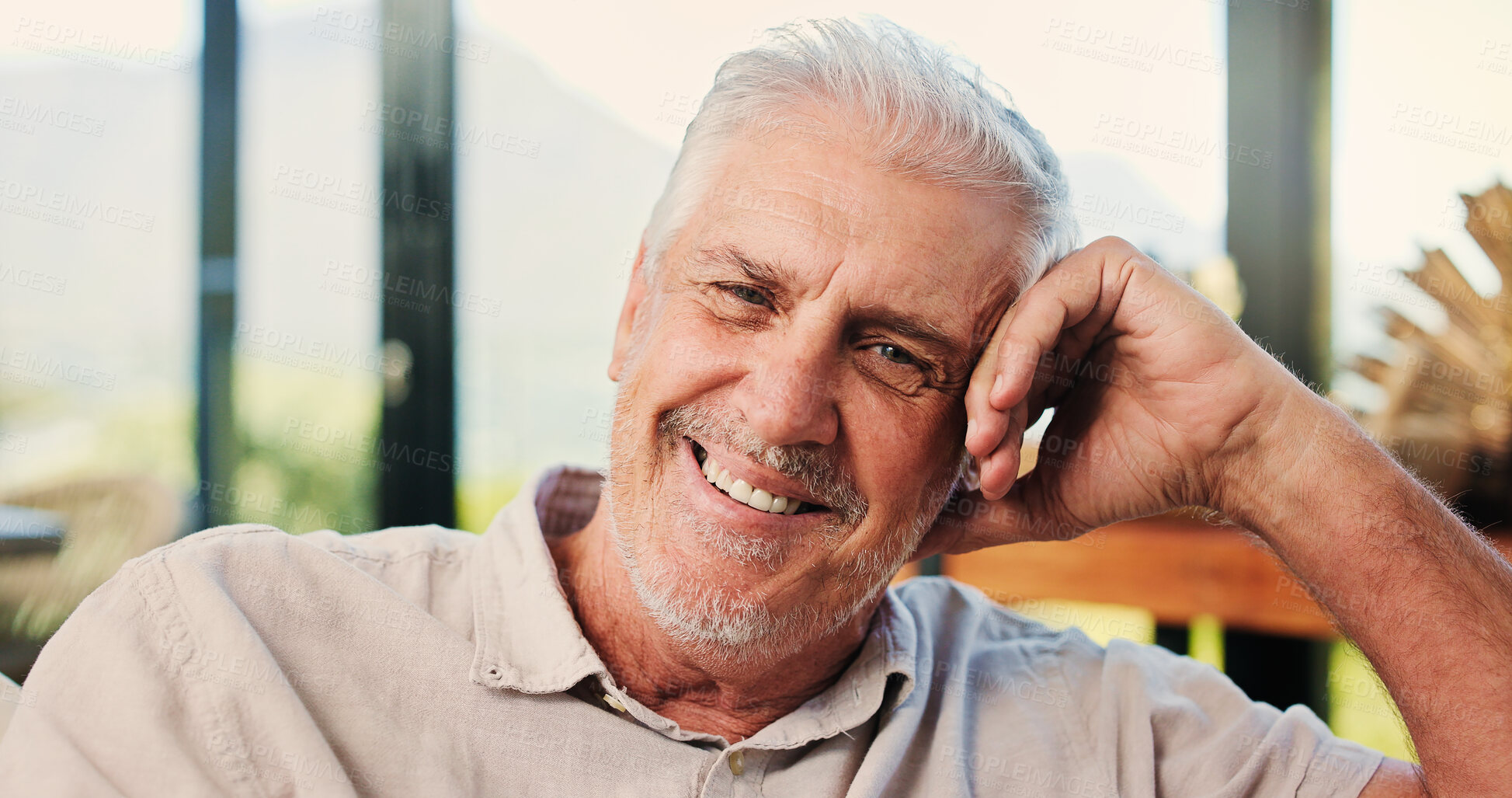 Buy stock photo Portrait, senior man and smile at house with pride, peace and calm morning on couch. Confident, elderly person and comfortable on sofa, weekend break and rest with happiness in lounge for retirement