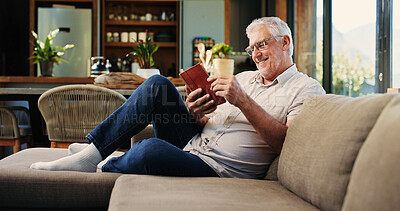 Buy stock photo Reading, book and mature man on couch with smile, calm and literature hobby on weekend rest. Free time, study and senior person in house with novel, relax and fantasy story on Saturday afternoon.