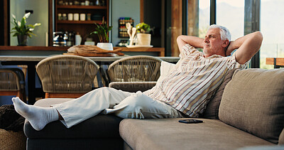 Buy stock photo Senior man, relax and thinking on sofa in home with reflection, rest and nostalgia in living room. Elderly person, break and smile with perspective, memory or daydream on couch in retirement at house