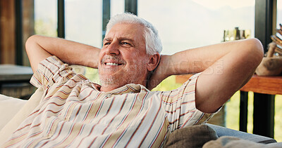 Buy stock photo Thinking, senior man and relax at house with smile, peace and calm morning on couch. Confident, elderly person and comfortable on sofa, weekend break and vision with happiness in lounge on retirement