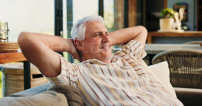 Buy stock photo Thinking, senior man and rest at house with smile, peace and calm morning on couch. Confident, elderly person and comfortable on sofa, weekend break and vision with happiness in lounge for retirement