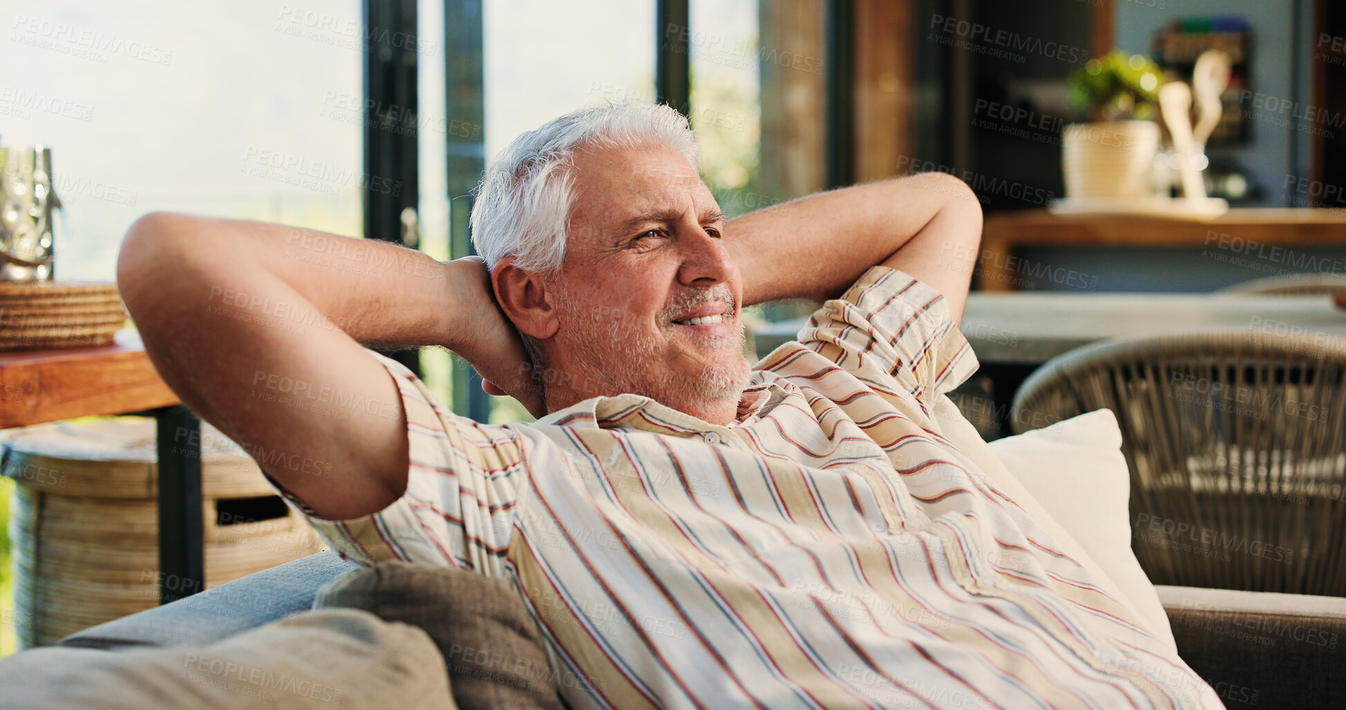 Buy stock photo Thinking, senior man and rest at house with smile, peace and calm morning on couch. Confident, elderly person and comfortable on sofa, weekend break and vision with happiness in lounge for retirement