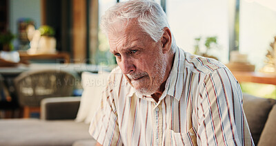 Buy stock photo Old man, sad and thinking of grief, home and heartbroken by breakup, retirement and lonely in lounge. Unhappy, reflection or senior person with depression on sofa, emotional or marriage fail in house