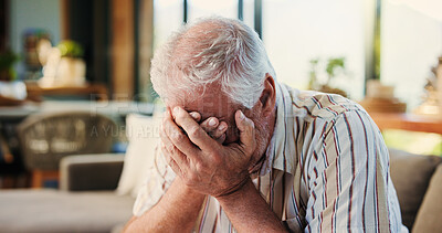 Buy stock photo House, sad and old man on couch, crying and grief with mental health, emotional and loss. Pensioner, apartment and senior person with depression, tears and bad news with memory, lonely and mourning