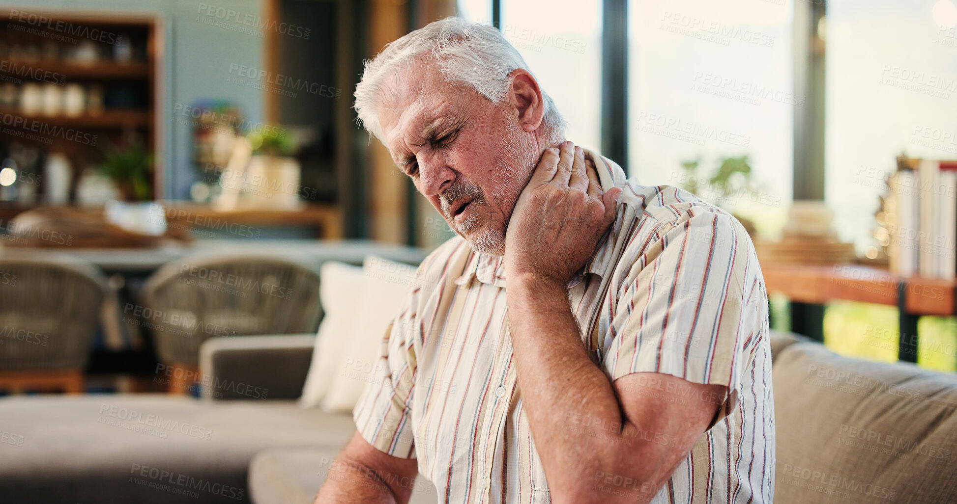 Buy stock photo Arthritis, neck pain and senior man on sofa in home with injury, osteoporosis or joint inflammation. Fibromyalgia, medical emergency and elderly person with muscle sprain, tension or ache in house.
