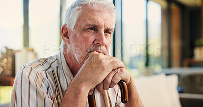 Buy stock photo Old man, walking stick and thinking on sofa, memory and reflection in living room at retirement home. Elderly person with disability, cane and perspective in morning for rehabilitation with injury