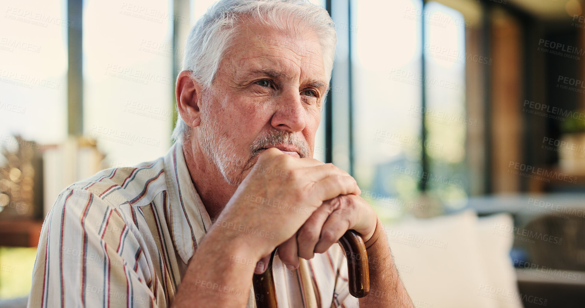 Buy stock photo Old man, walking stick and thinking on sofa, memory and reflection in living room at retirement home. Elderly person with disability, cane and perspective in morning for rehabilitation with injury