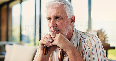 Buy stock photo Old man, walking stick and thinking on couch, memory and reflection in living room at retirement home. Elderly person with disability, cane and perspective in morning for rehabilitation with injury