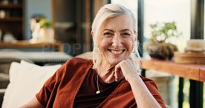 Buy stock photo Portrait, senior woman and relax at house with smile, peace and calm morning on couch. Confident, elderly person and comfortable on sofa, weekend break and rest with happiness in lounge on retirement