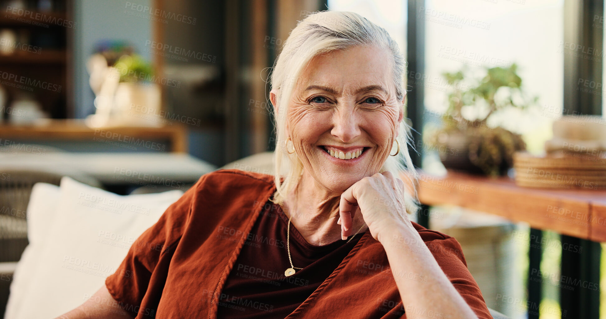 Buy stock photo Portrait, senior woman and relax at house with smile, peace and calm morning on couch. Confident, elderly person and comfortable on sofa, weekend break and rest with happiness in lounge on retirement