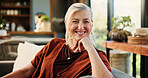 Portrait, senior woman and relax in home with smile, peace and calm morning on couch. Confident, elderly person and comfortable on sofa, weekend break and rest with happiness in lounge for retirement