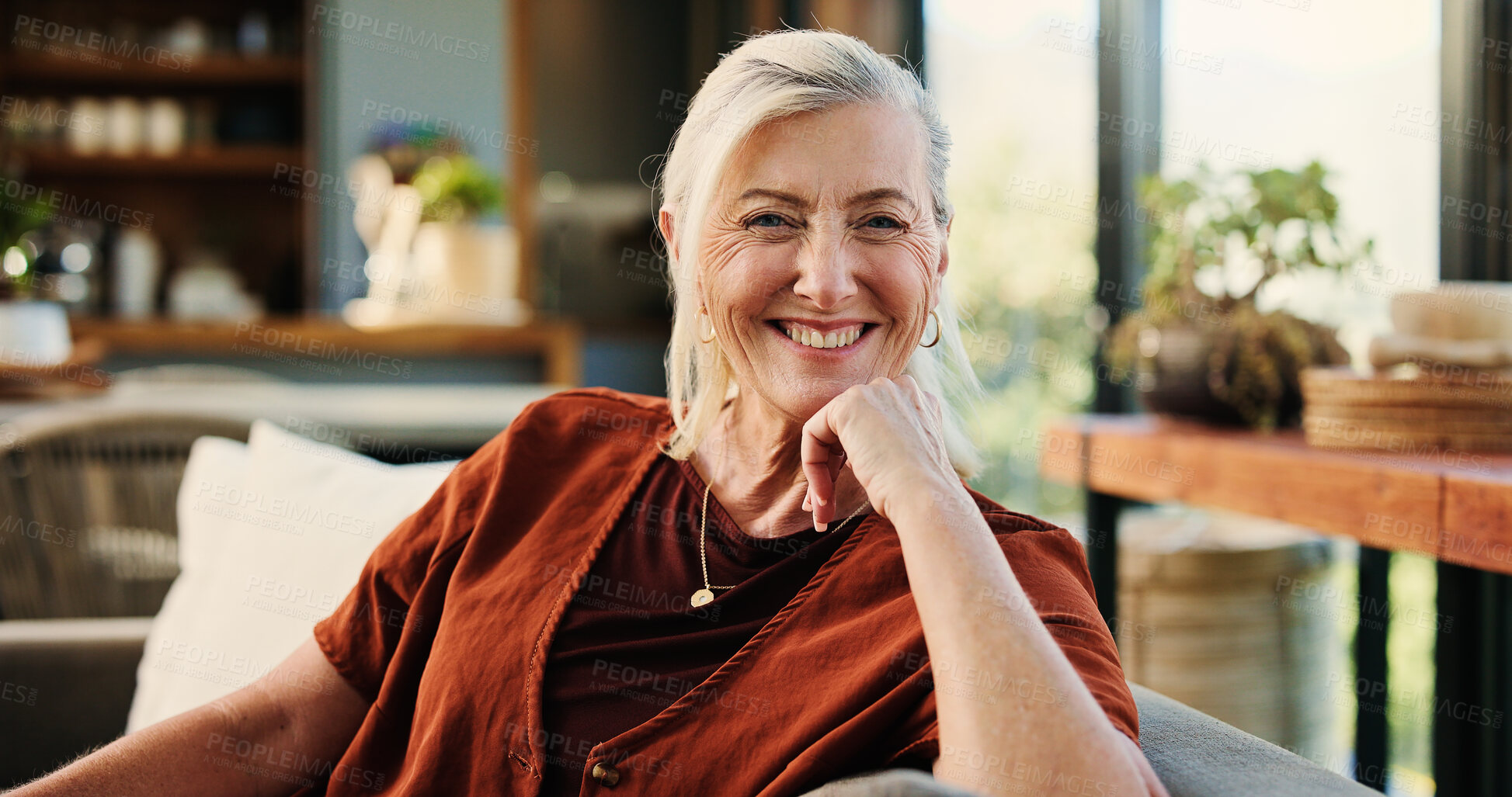 Buy stock photo Portrait, senior woman and relax in home with smile, peace and calm morning on couch. Confident, elderly person and comfortable on sofa, weekend break and rest with happiness in lounge for retirement