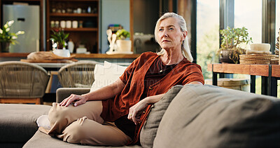 Buy stock photo Thinking, sofa and senior woman in home for reflection, thoughtful and daydreaming in morning. Retirement, relax and mature person on couch with mindfulness for calm, peace and nostalgia in house