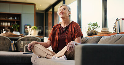 Buy stock photo Thinking, sofa and mature woman in home for reflection, thoughtful and daydreaming in morning. Retirement, relax and senior person on couch with mindfulness for calm, peace and nostalgia in house