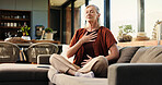 Breathing, health and senior woman on sofa in home with balance, calm or zen practice in living room. Meditation, healing and elderly female person with grounding ritual for relax in apartment.