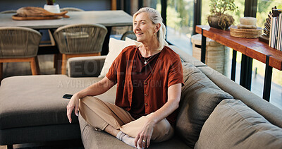 Buy stock photo Thinking, happy and senior woman on sofa for reflection, thoughtful and daydreaming in morning. Retirement, relax and mature person on couch with mindfulness for calm, peace and nostalgia in house
