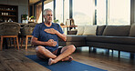 Home, yoga mat and old man with meditation, wellness and heart health with breathing exercise. Apartment, pensioner and senior person with fitness, stress relief and inhale with holistic healing