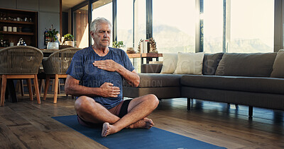 Buy stock photo Home, yoga mat and old man with meditation, wellness and heart health with breathing exercise. Apartment, pensioner and senior person with fitness, stress relief and inhale with holistic healing