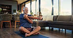 Yoga mat, stretching or senior man in home for wellness, mobility practice or warm up activity for fitness. Retirement, morning routine or elderly person with arm exercise, posture or health benefits