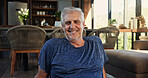 Fitness, portrait or old man in house with smile, pride or rest after physical activity. Happy, sports or male person in living room with confidence, senior hobby or performance break in Australia