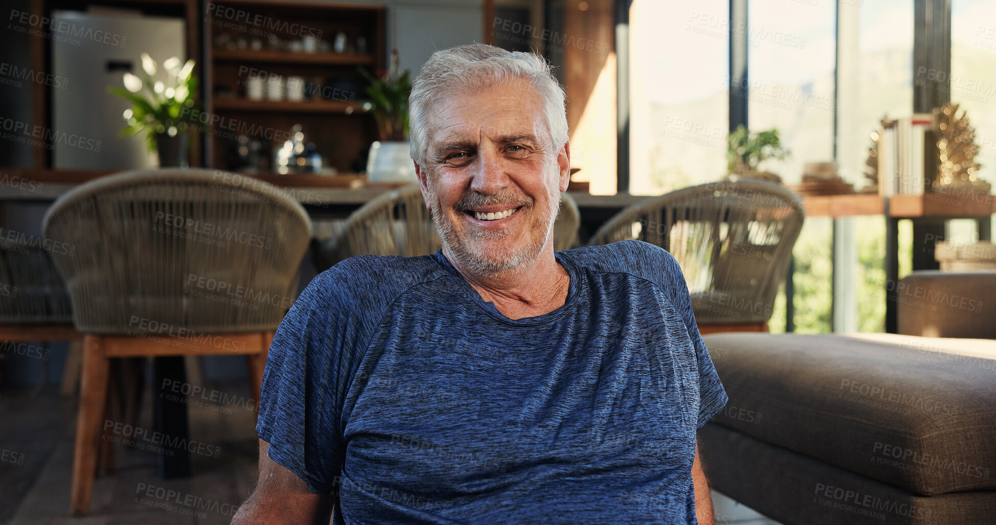 Buy stock photo Fitness, portrait or old man in house with smile, pride or rest after physical activity. Happy, wellness or male person in living room with confidence, senior hobby or workout break in Australia.