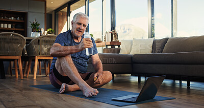 Buy stock photo Old man, water and laptop at house for fitness, hydration and exercise break of online lesson. Senior person, rest and pc with refreshing beverage, training session and workout recovery for wellness