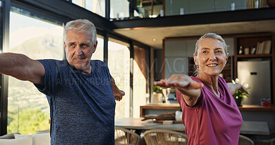 Buy stock photo Yoga, fitness and senior couple in home for exercise, health and wellness together on weekend. Happy, morning and elderly man with woman in retirement for pilates workout with warrior pose at house.