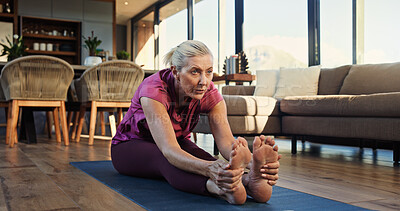 Buy stock photo Yoga mat, stretching or senior woman in home for wellness, mobility practice or flexibility activity. Retirement fitness, morning routine or old person with forward bend exercise, pilates or health