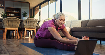 Buy stock photo Laptop, stretching or elderly woman in home with streaming, fitness or flexibility activity video for wellness. Retirement health, yoga tutorial or old person with computer, watch online or exercise