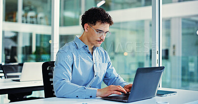 Buy stock photo Office, laptop and man with glasses, research and risk assessment for investment proposal or online. Business, financial analyst and person with tech for asset management, info and budget review