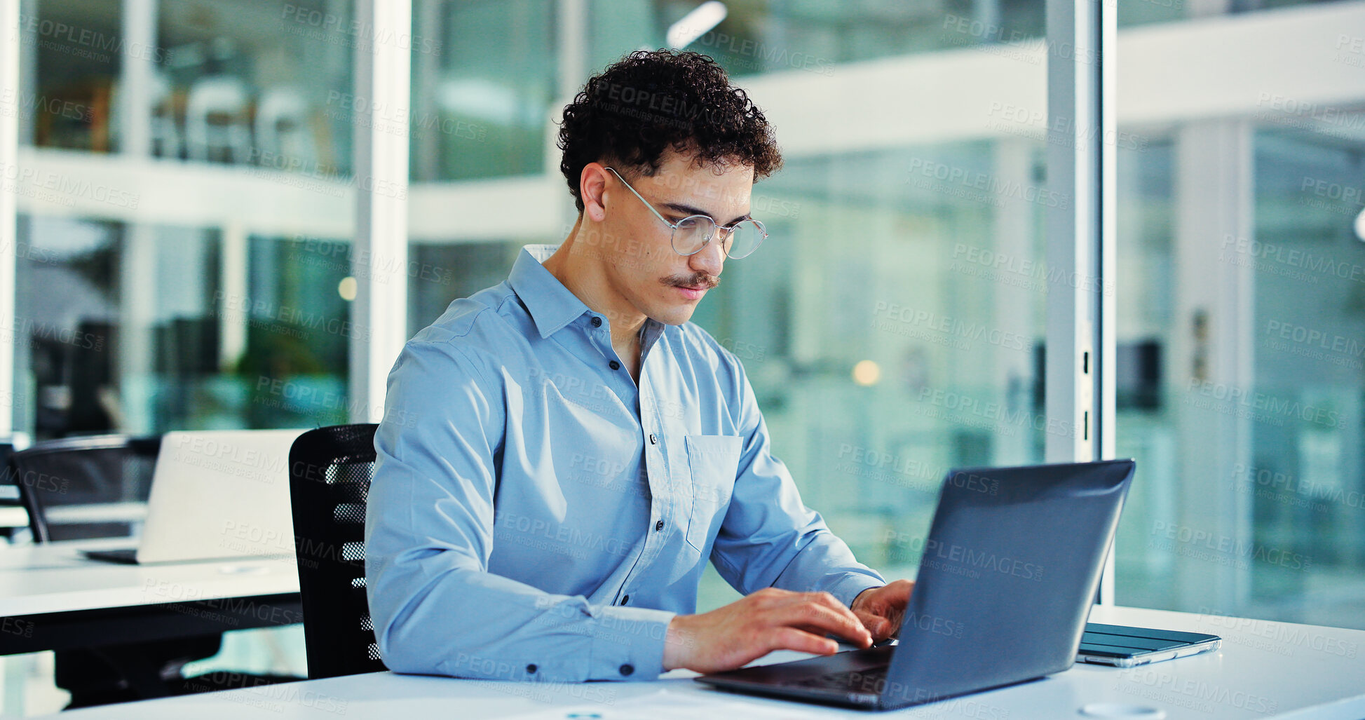 Buy stock photo Office, laptop and man with glasses, research and risk assessment for investment proposal or online. Business, financial analyst and person with tech for asset management, info and budget review