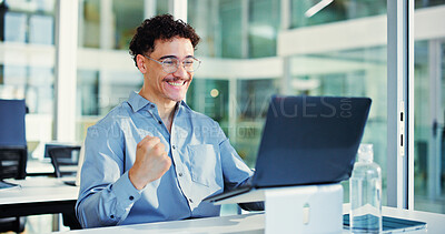 Buy stock photo Celebration, fist pump and man with laptop in office for funding opportunity, good news and excited. Smile, email and person happy for business growth with investment, success or bonus achievement