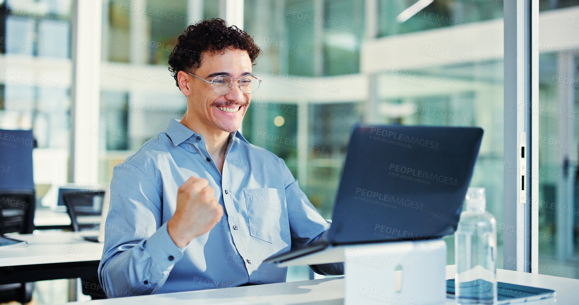 Buy stock photo Celebration, fist pump and man with laptop in office for funding opportunity, good news and excited. Smile, email and person happy for business growth with investment, success or bonus achievement
