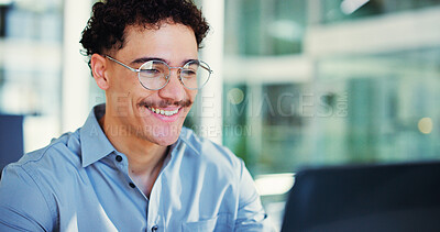 Buy stock photo Happy, man and research with laptop, office and risk assessment for investment proposal and project. Reading, glasses and person with tech for asset management, smile and budget review on website