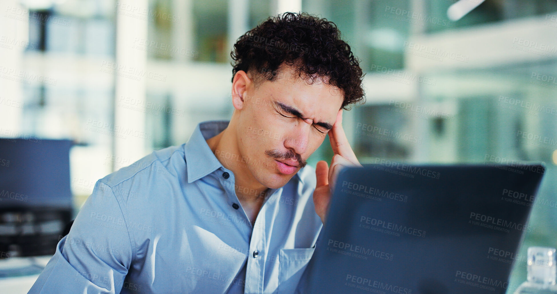 Buy stock photo Financial advisor, laptop and man with headache, pain and stress with debt, mistake and pressure. Investor, employee and person in workplace, pc and frustrated with migraine, tired and eye strain