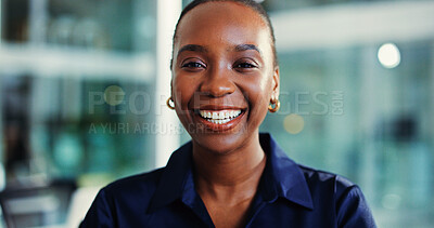 Buy stock photo Portrait, business and black woman with smile in office for career pride, about us and accountant. Happy, female person and ambition with confidence, financial advisor and consultant for investment