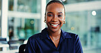 Happy, business and black woman with portrait in office for career pride, about us and accountant. Smile, female person and ambition with confidence, financial advisor and consultant for investment