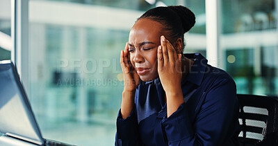 Buy stock photo Financial advisor, laptop and black woman with headache, stress and debt with mistake, tired and pressure. Investor, broker and person with pain, pc and frustrated with migraine and temple massage