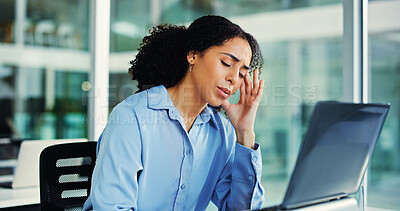 Buy stock photo Financial advisor, laptop and woman with headache, stress and pain with burnout, tension and pressure. Investor, employee and person in office, pc and frustrated with migraine, tired and overworked