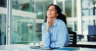 Buy stock photo Think, smile or businesswoman in office for planning, investment project reflection or imagine growth. Thoughtful, opportunity daydream or financial analyst with inspiration for profit, happy or idea