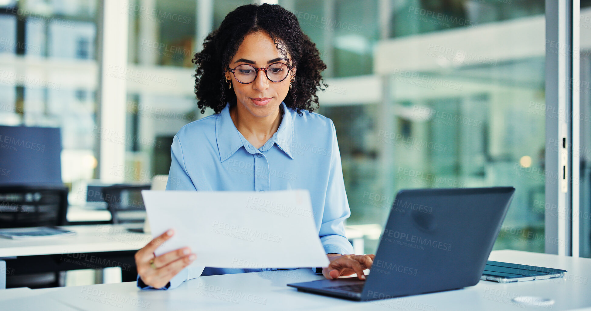 Buy stock photo Documents, laptop and businesswoman in office with research for finance report with budget plan. Computer, reading and female financial manager with paperwork for investment proposal in workplace.