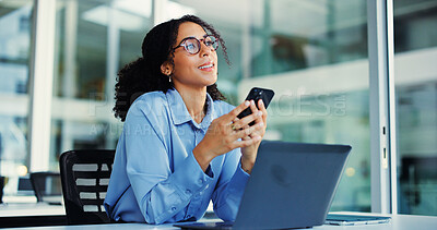 Buy stock photo Phone, laptop and woman in office thinking with accountant, communication or texting on mobile app. Cellphone, glasses and consultant person with message, ideas or finance advice in workplace
