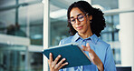 Office, tablet and woman with glasses, research and risk assessment for investment proposal or info. Business, financial analyst and person with tech for asset management, scroll and budget review