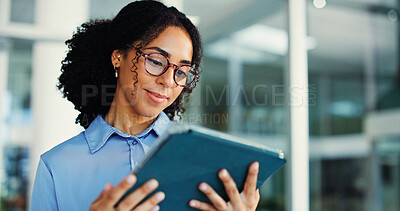 Buy stock photo Office, tablet and woman with glasses, reading and risk assessment for investment proposal and info. Business, financial analyst and person with tech for asset management, research and budget review