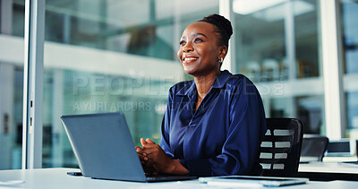 Buy stock photo Thinking, idea or black woman in office with laptop, draft insight or brainstorming for article update. Reflection, digital or journalist with tech, story development or column plan for publication.
