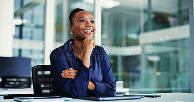 Buy stock photo Thinking, smile or black woman in office for planning, investment project reflection or imagine success. Thoughtful, victory daydream or financial analyst with inspiration for profit, happy or ideas