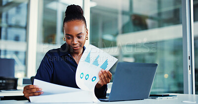 Buy stock photo Laptop, documents and black woman with audit for finance review, research or analytics. Office, tech and business person with papers, graphs or report for financial planning, agenda or project budget