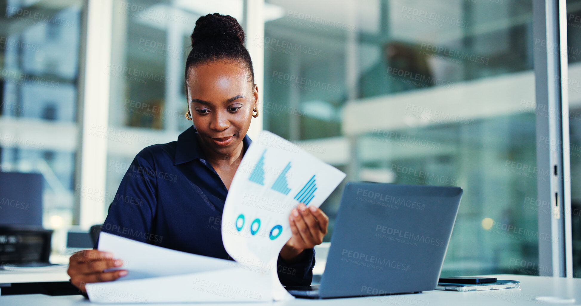 Buy stock photo Laptop, documents and black woman with audit for finance review, research or analytics. Office, tech and business person with papers, graphs or report for financial planning, agenda or project budget